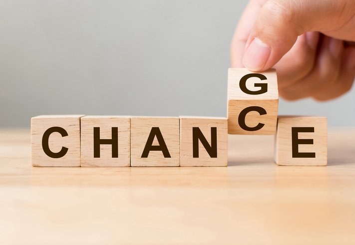 hand flip wooden cube with word "change" to "chance", personal development and career growth or change yourself concept